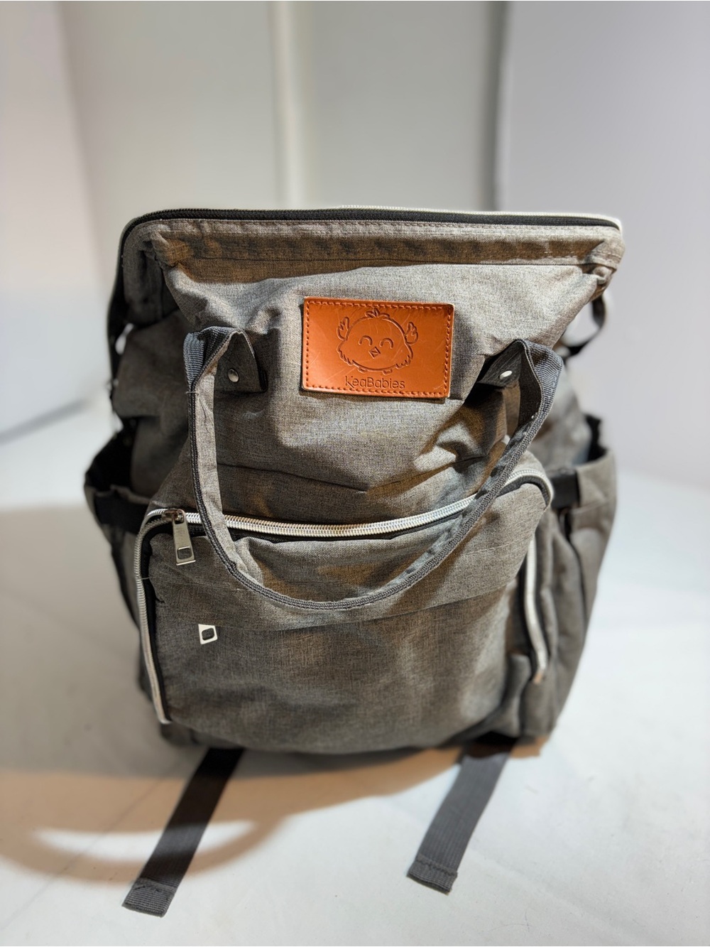 Keababies Gray Canvas Diaper bag Backpack with Leather Patch